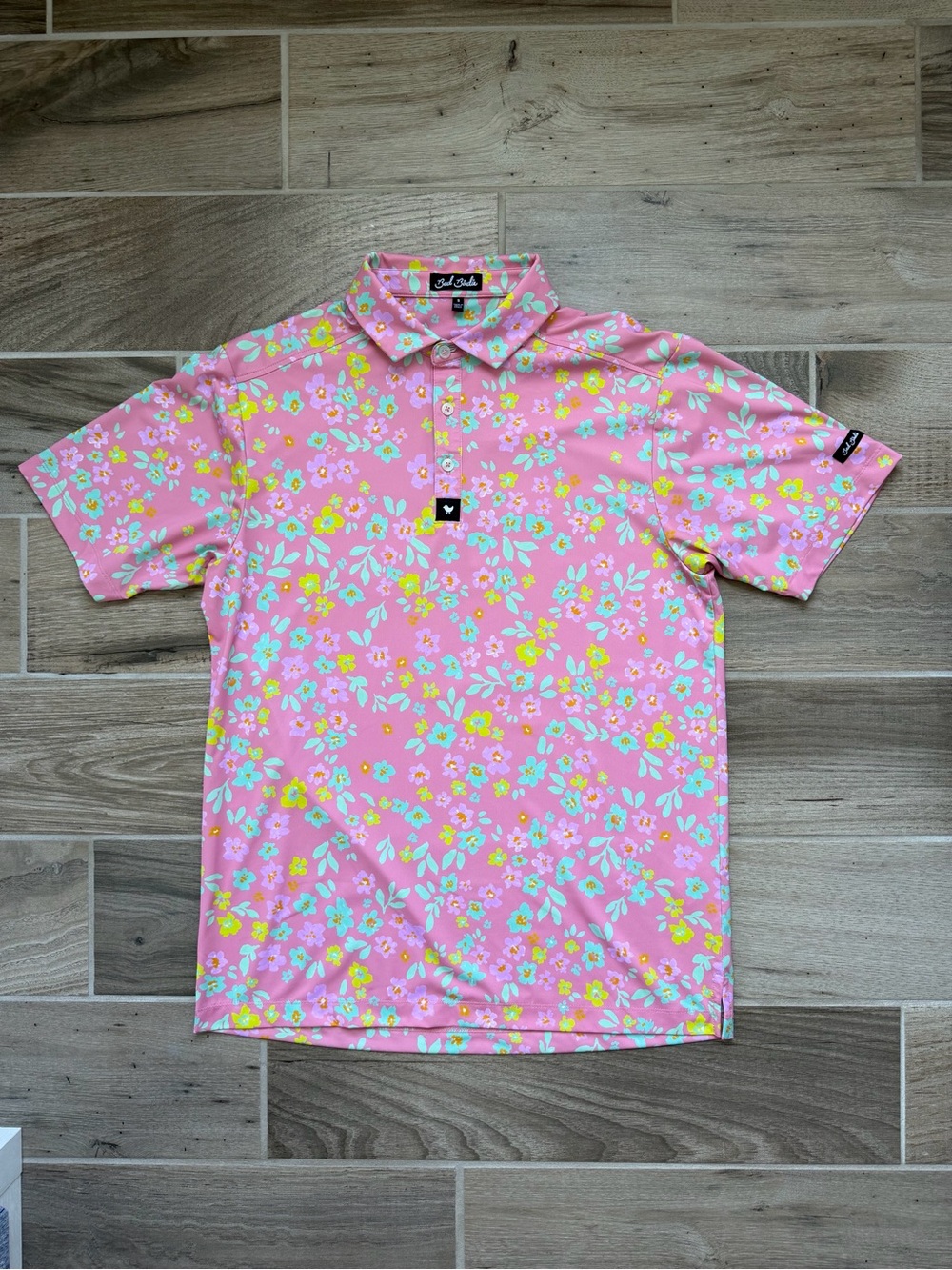 Bad Birdie Men’s Garden Gala Pink Floral Performance Golf Polo Small